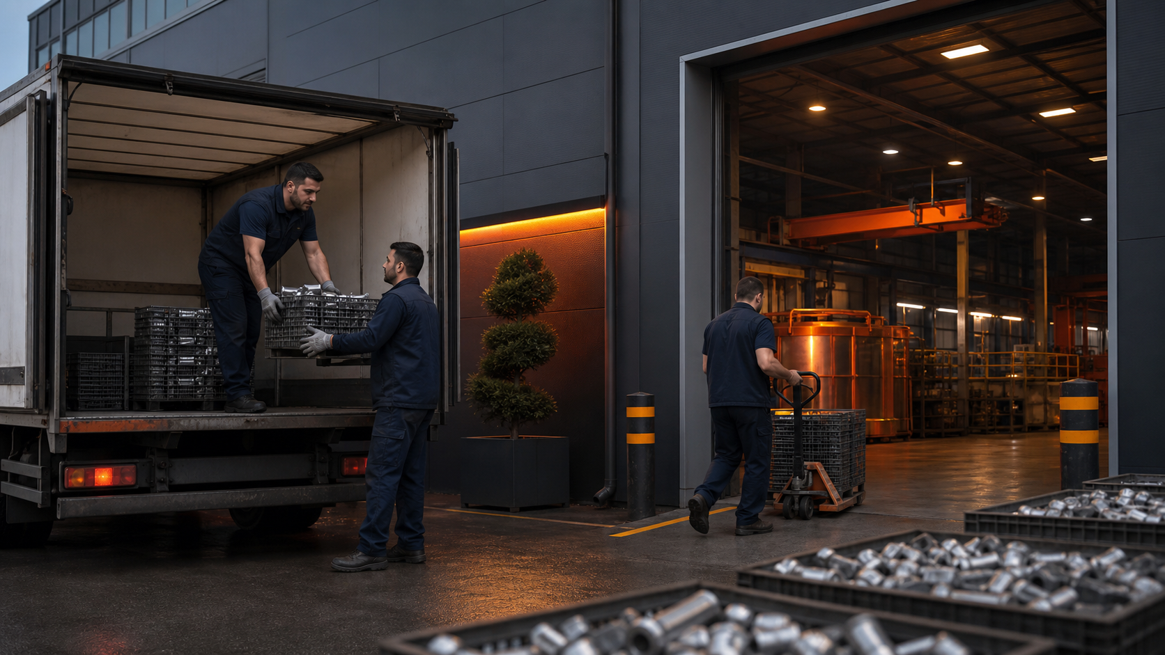 Metal parçaların araçtan üretim sahasına indirilmesi